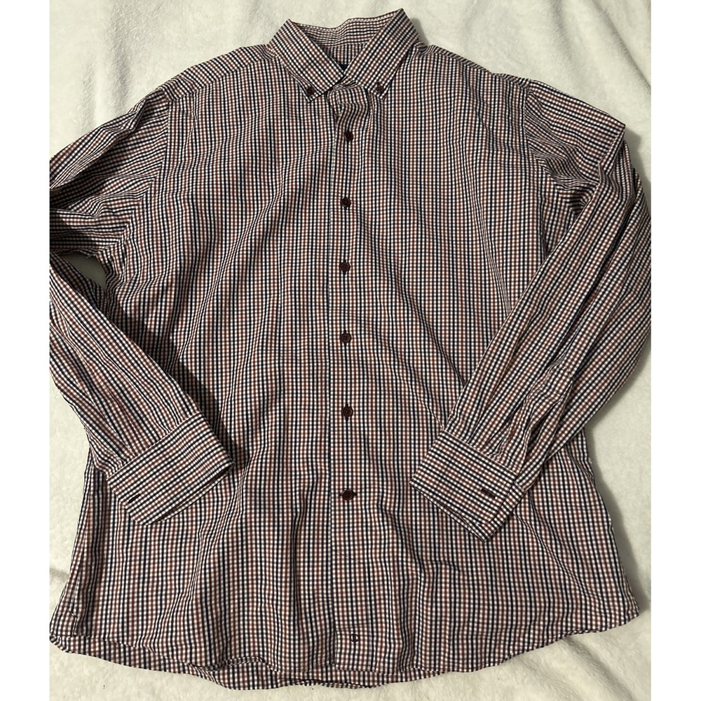 David‎ Donahue Dress Shirt Mens XL 17.5 Blue Orange Plaid Long Sleeve Button